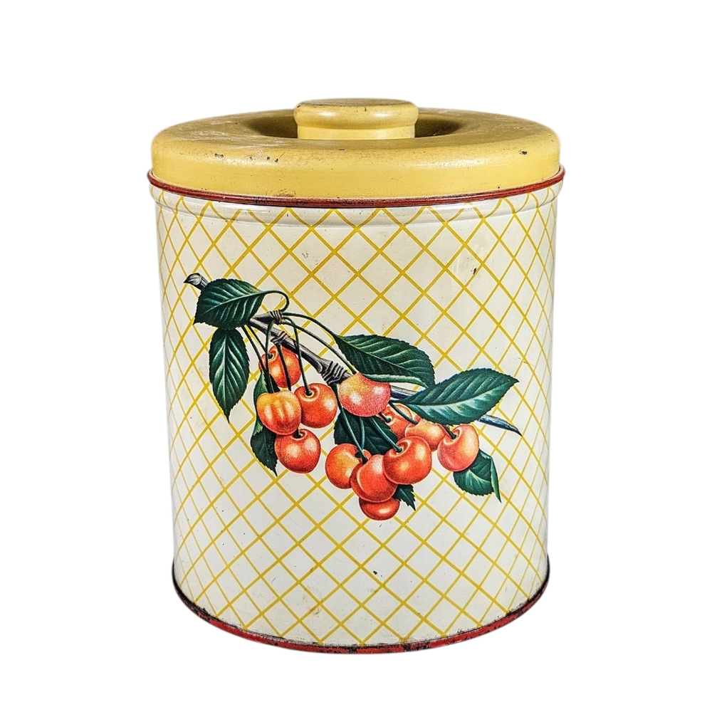 Vintage Decoware Distressed Tin Nesting Canister Cherry Pattern Retro 50s RARE
